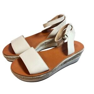 Lucky Brand Jeneka Platform Espadrille Sandals White Leather Ankle Strap 8.5